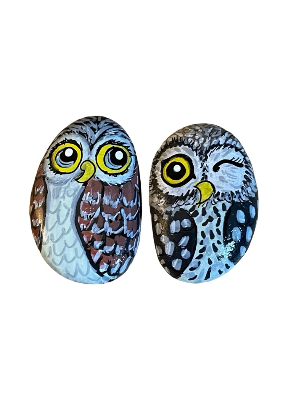 Hand crafted painted OWL rocks yellow black gray white set of 2 stones 2x1.5 in - Picture 5 of 9